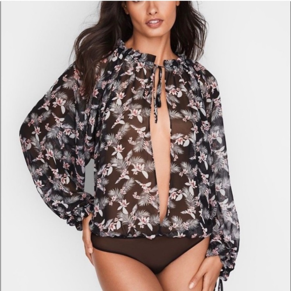 Victoria’s Secret Floral Long Sleeve Bodysuit Sexy Sheer Romantic Size Small NWT
